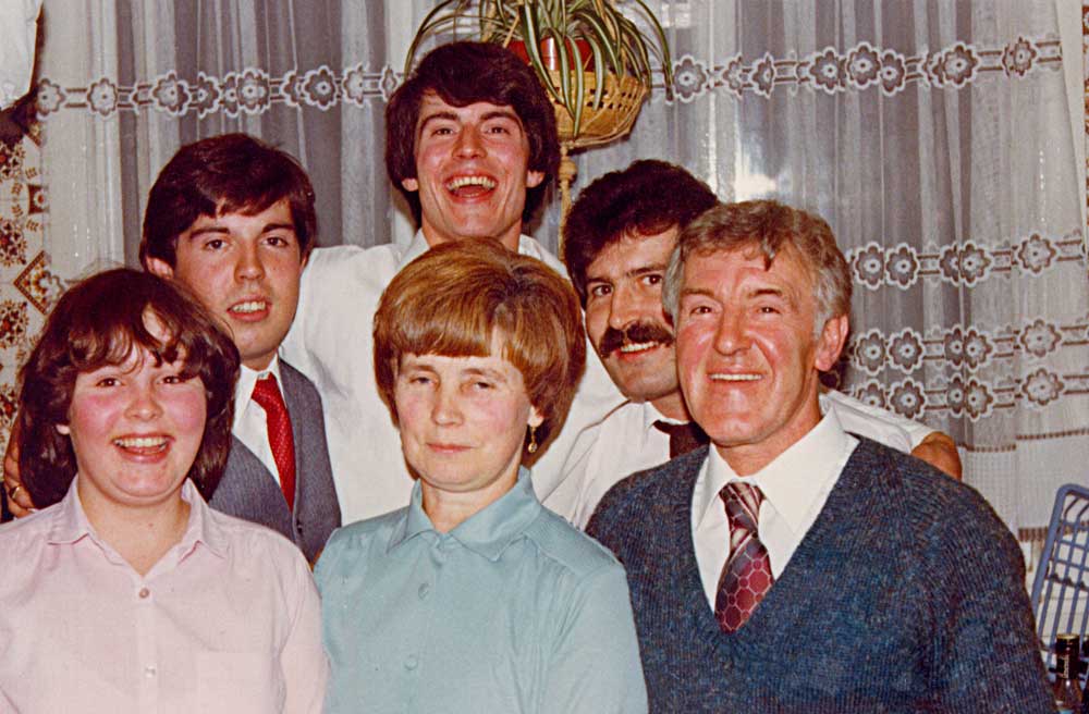 Family history and ancestry picture of McGachy family group, left to right Ruth Chris, Paul (back), Mary, Peter, Jimmy at Peter’s wedding in 1982.