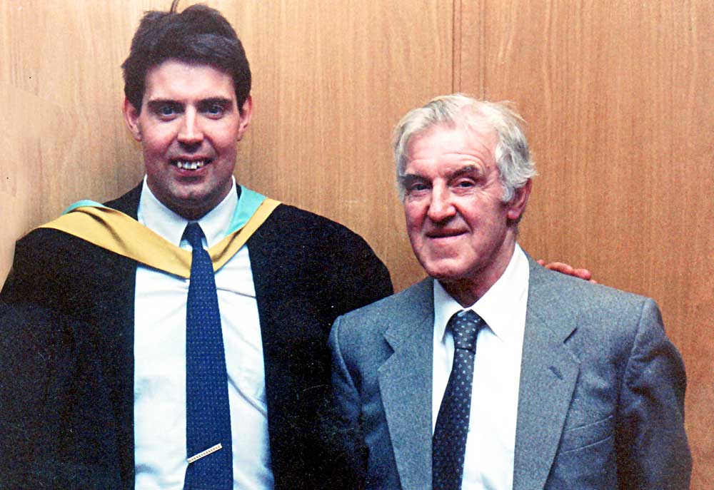 Family history and ancestry picture of Chris and dad at my graduation ceremony from South Bank Polytechnic in Monday 12 February 1990, aged 27. Dad died 3 days later on Thursday 15 Feb.