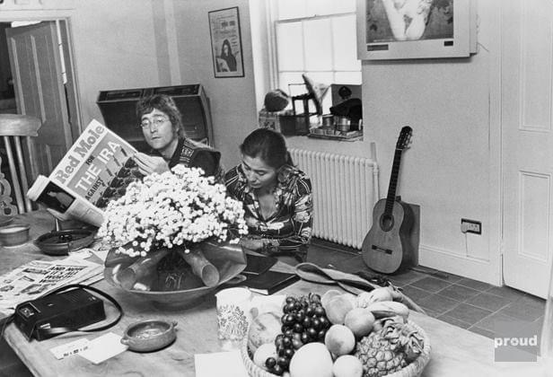 John Lennon at home in Tittenhurst reading a copy of Red Mole.